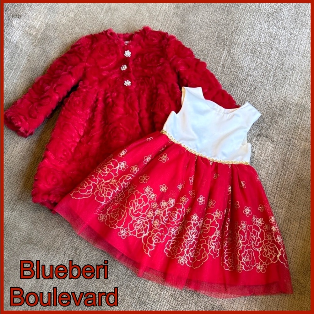 Blueberi Boulevard Red White Floral Kids Coat &Matching Dress w/ Gold Trim~Sz 4T
